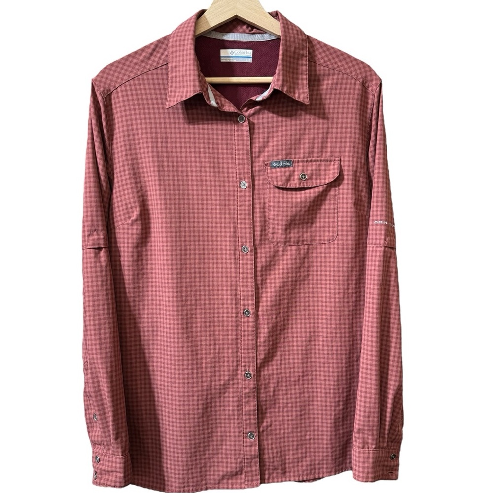 COLUMBIA Omni-Shade Bottom Down Shirt Women's Size Large Checked Long Sleeve